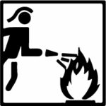 Piktogramm Feuerwehr-Schutzausrüstung- Schwarzer Feuerwehrmann mit Schlauch löscht Flamme 